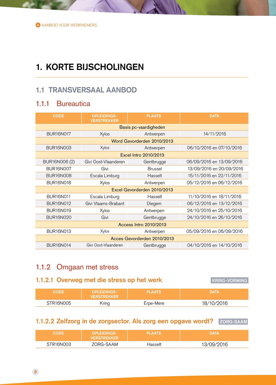 1 TRANSVERSAAL AANBOD 1.1.1 Bureautica CODE OPLEIDINGS- VERSTREKKER PLAATS Basis pc-vaardigheden DATA BUR16N017 Xylos Antwerpen 14//2016 Word Gevorderden 2010/2013 BUR16N003 Xylos Antwerpen