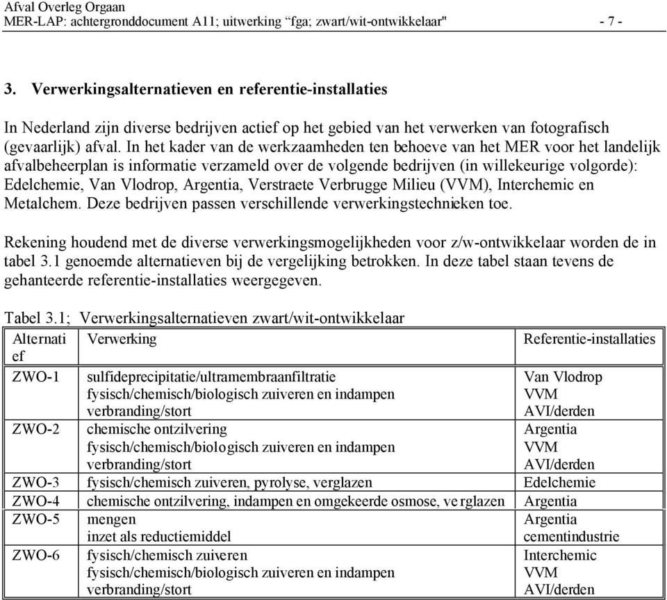 In het kader van de werkzaamheden ten behoeve van het MER voor het landelijk afvalbeheerplan is informatie verzameld over de volgende bedrijven (in willekeurige volgorde): Edelchemie, Van Vlodrop,