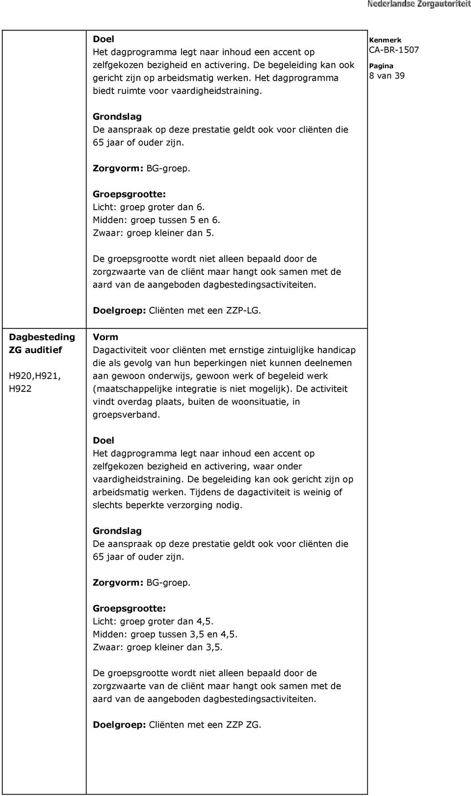 Groepsgrootte: Licht: groep groter dan 6. Midden: groep tussen 5 en 6. Zwaar: groep kleiner dan 5.