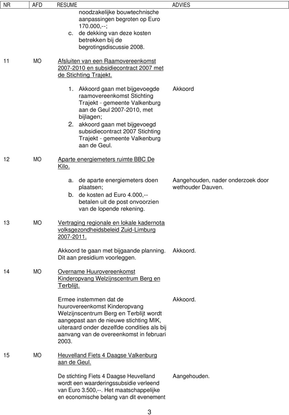 Akkoord gaan met bijgevoegde raamovereenkomst Stichting Trajekt gemeente Valkenburg aan de Geul 2007-2010, met bijlagen; 2.