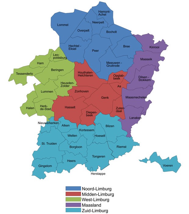 AFBAKENING LIMBURGSE STREKEN EN ARRONDISSEMENTEN AFBAKENING VAN DE 5 LIMBURGSE STREKEN Figuur 1 laat de verdeling van de 44 Limburgse gemeenten over de 5 Limburgse streken zien.