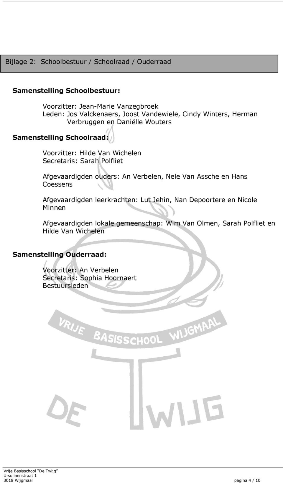 An Verbelen, Nele Van Assche en Hans Coessens Afgevaardigden leerkrachten: Lut Jehin, Nan Depoortere en Nicole Minnen Afgevaardigden lokale gemeenschap: Wim