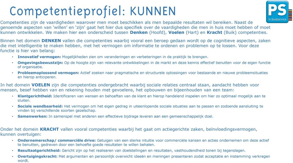 We maken hier een onderscheid tussen Denken (Hoofd), Voelen (Hart) en Kracht (Buik) competenties.