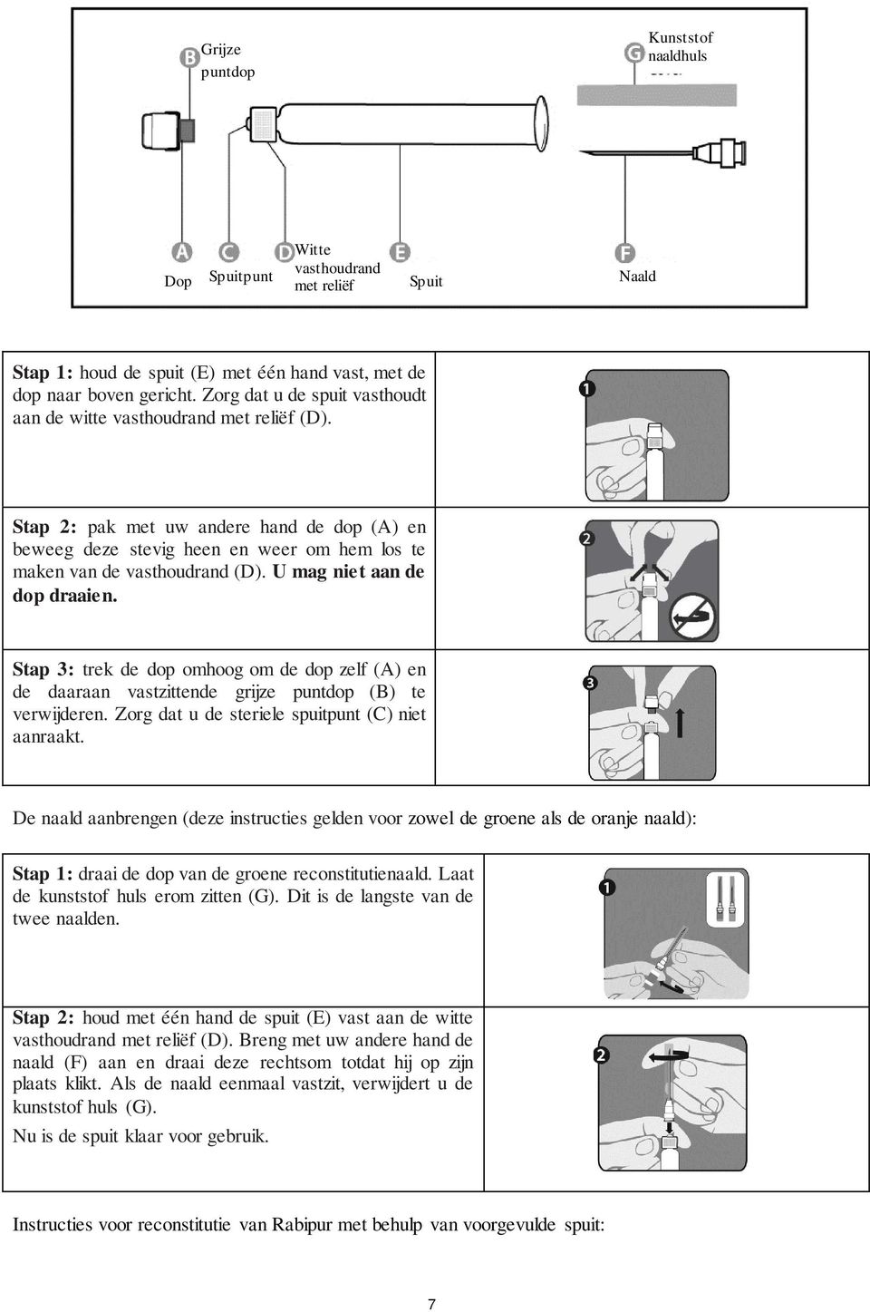 U mag niet aan de dop draaien. Stap 3: trek de dop omhoog om de dop zelf (A) en de daaraan vastzittende grijze puntdop (B) te verwijderen. Zorg dat u de steriele spuitpunt (C) niet aanraakt.