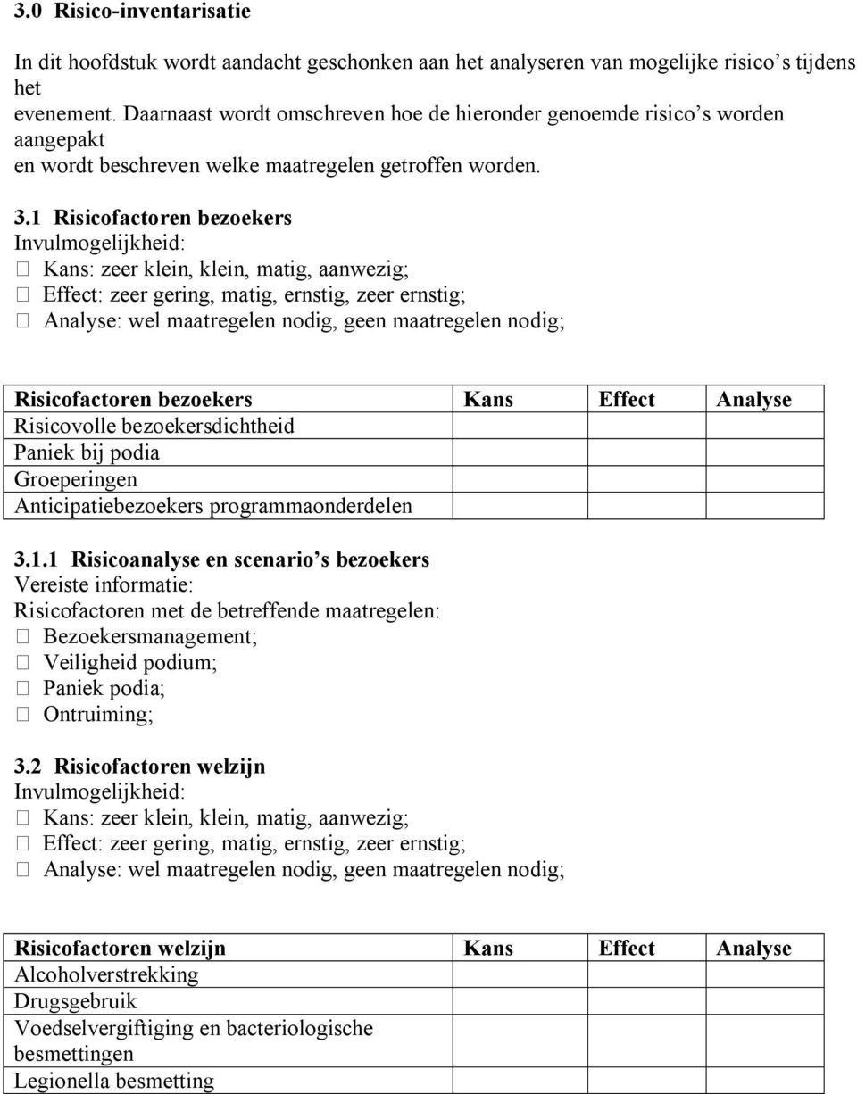 1 Risicofactoren bezoekers Invulmogelijkheid: Kans: zeer klein, klein, matig, aanwezig; Effect: zeer gering, matig, ernstig, zeer ernstig; Analyse: wel maatregelen nodig, geen maatregelen nodig;