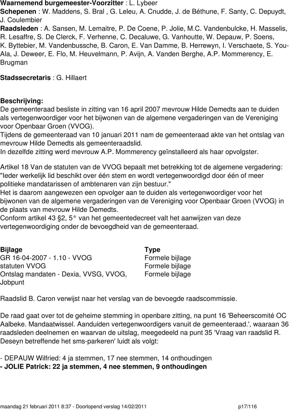 Herrewyn, I. Verschaete, S. You- Ala, J. Deweer, E. Flo, M. Heuvelmann, P. Avijn, A. Vanden Berghe, A.P. Mommerency, E. Brugman Stadssecretaris : G.