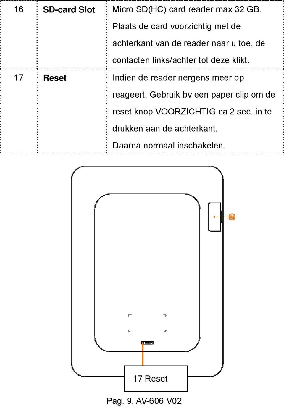 links/achter tot deze klikt. 17 Reset Indien de reader nergens meer op reageert.