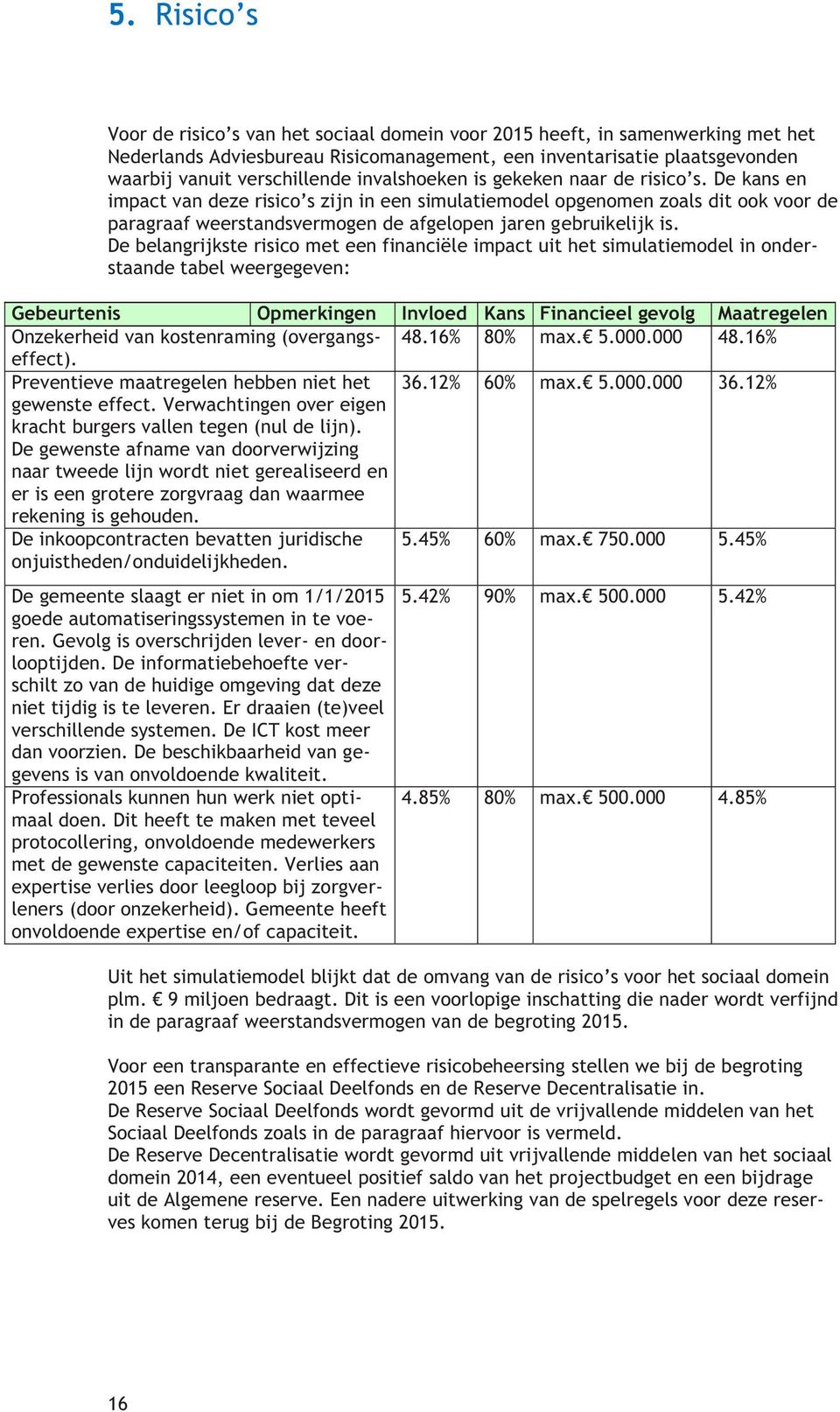 De kans en impact van deze risico s zijn in een simulatiemodel opgenomen zoals dit ook voor de paragraaf weerstandsvermogen de afgelopen jaren gebruikelijk is.