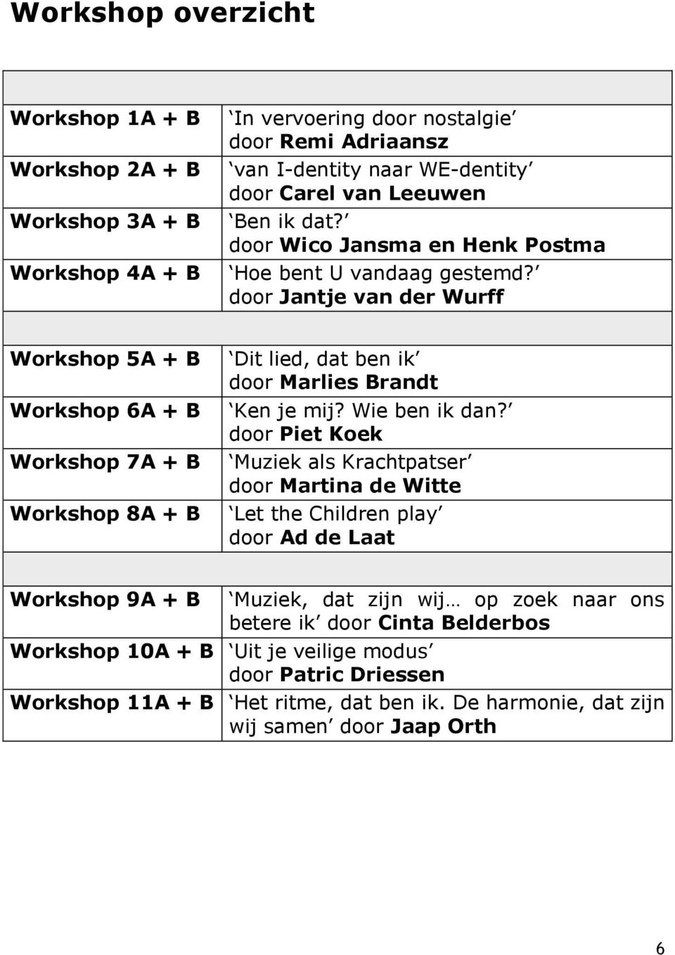 door Jantje van der Wurff Workshop 5A + B Workshop 6A + B Workshop 7A + B Workshop 8A + B Dit lied, dat ben ik door Marlies Brandt Ken je mij? Wie ben ik dan?