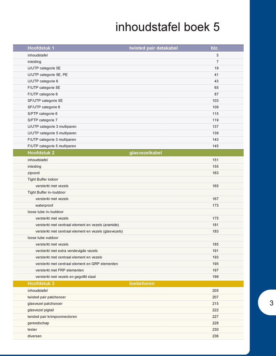 categorie 6 115 S/FTP categorie 7 119 U/UTP categorie 3 multiparen 137 U/UTP categorie 5 multiparen 139 F/UTP categorie 3 multiparen 143 F/UTP categorie 5 multiparen 145 Hoofdstuk 2 glasvezelkabel