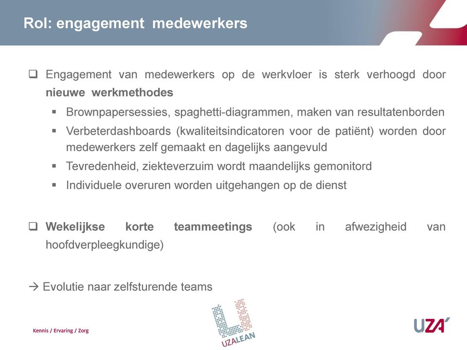 worden door medewerkers zelf gemaakt en dagelijks aangevuld Tevredenheid, ziekteverzuim wordt maandelijks gemonitord Individuele