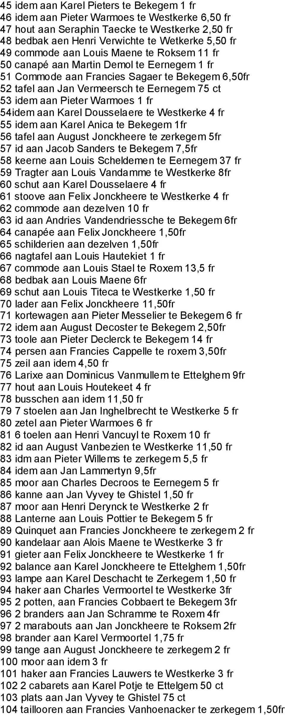 fr 54idem aan Karel Dousselaere te Westkerke 4 fr 55 idem aan Karel Anica te Bekegem 1fr 56 tafel aan August Jonckheere te zerkegem 5fr 57 id aan Jacob Sanders te Bekegem 7,5fr 58 keerne aan Louis