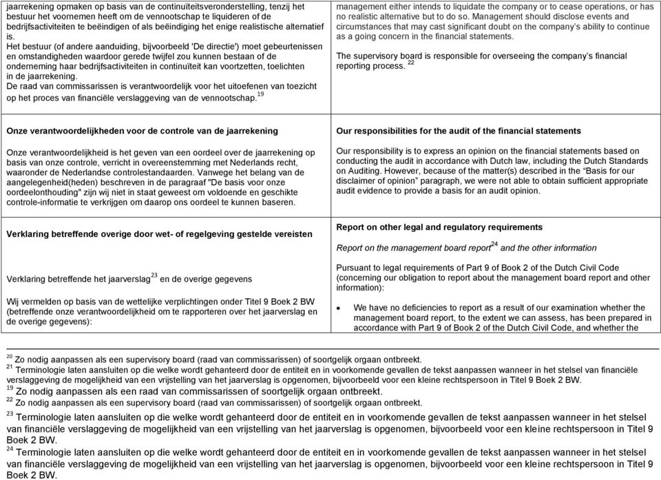 Het bestuur (of andere aanduiding, bijvoorbeeld 'De directie') moet gebeurtenissen en omstandigheden waardoor gerede twijfel zou kunnen bestaan of de onderneming haar bedrijfsactiviteiten in