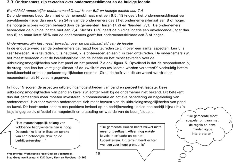 De hoogste scores worden behaald door de gemeenten Huizen (7,2) en Naarden (7,1). De ondernemers beoordelen de huidige locatie met een 7,4.