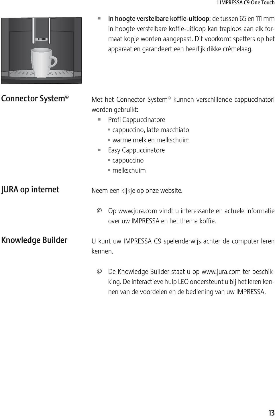 Connector System JURA op internet Met het Connector System kunnen verschillende cappuccinatori worden gebruikt: Profi Cappuccinatore U cappuccino, latte macchiato U warme melk en melkschuim asy