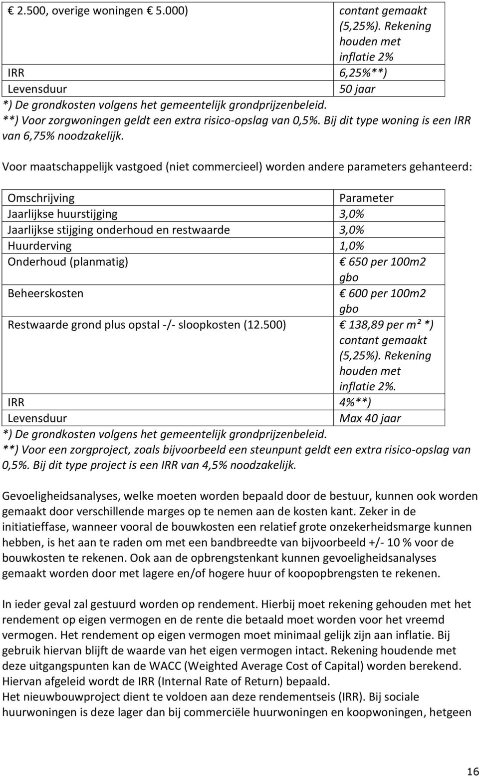 Voor maatschappelijk vastgoed (niet commercieel) worden andere parameters gehanteerd: Omschrijving Parameter Jaarlijkse huurstijging 3,0% Jaarlijkse stijging onderhoud en restwaarde 3,0% Huurderving