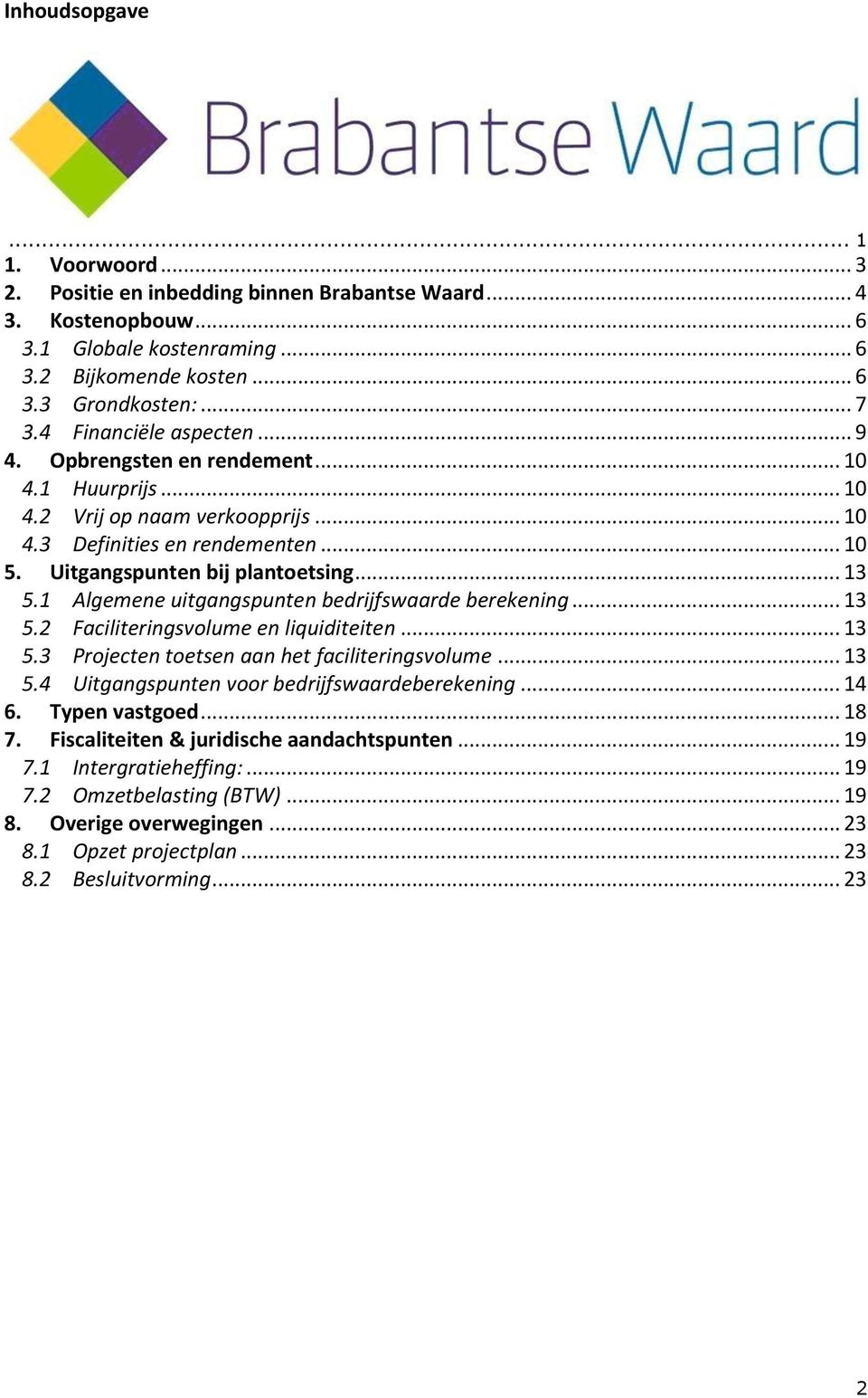 1 Algemene uitgangspunten bedrijfswaarde berekening... 13 5.2 Faciliteringsvolume en liquiditeiten... 13 5.3 Projecten toetsen aan het faciliteringsvolume... 13 5.4 Uitgangspunten voor bedrijfswaardeberekening.