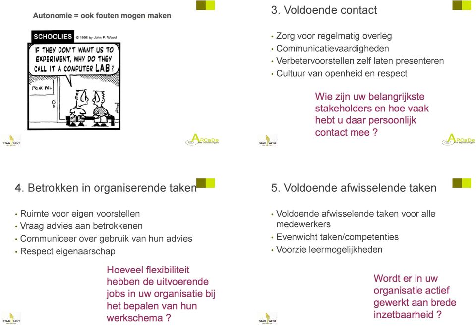 Voldoende afwisselende taken Ruimte voor eigen voorstellen Vraag advies aan betrokkenen Communiceer over