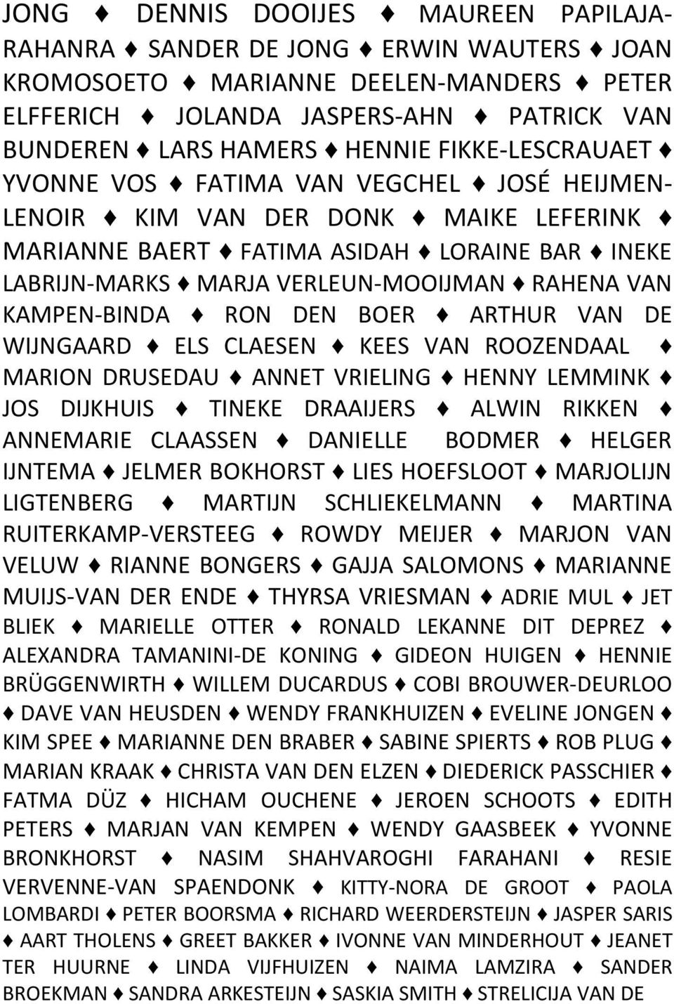 KAMPEN-BINDA RON DEN BOER ARTHUR VAN DE WIJNGAARD ELS CLAESEN KEES VAN ROOZENDAAL MARION DRUSEDAU ANNET VRIELING HENNY LEMMINK JOS DIJKHUIS TINEKE DRAAIJERS ALWIN RIKKEN ANNEMARIE CLAASSEN DANIELLE