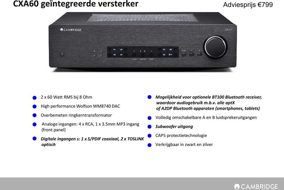 5mm MP3 ingang ( front panel) Digitale ingangen s: 1 x S/PDIF coaxiaal, 2 x TOSLINK optisch Mogelijkheid voor optionele BT100 Bluetooth