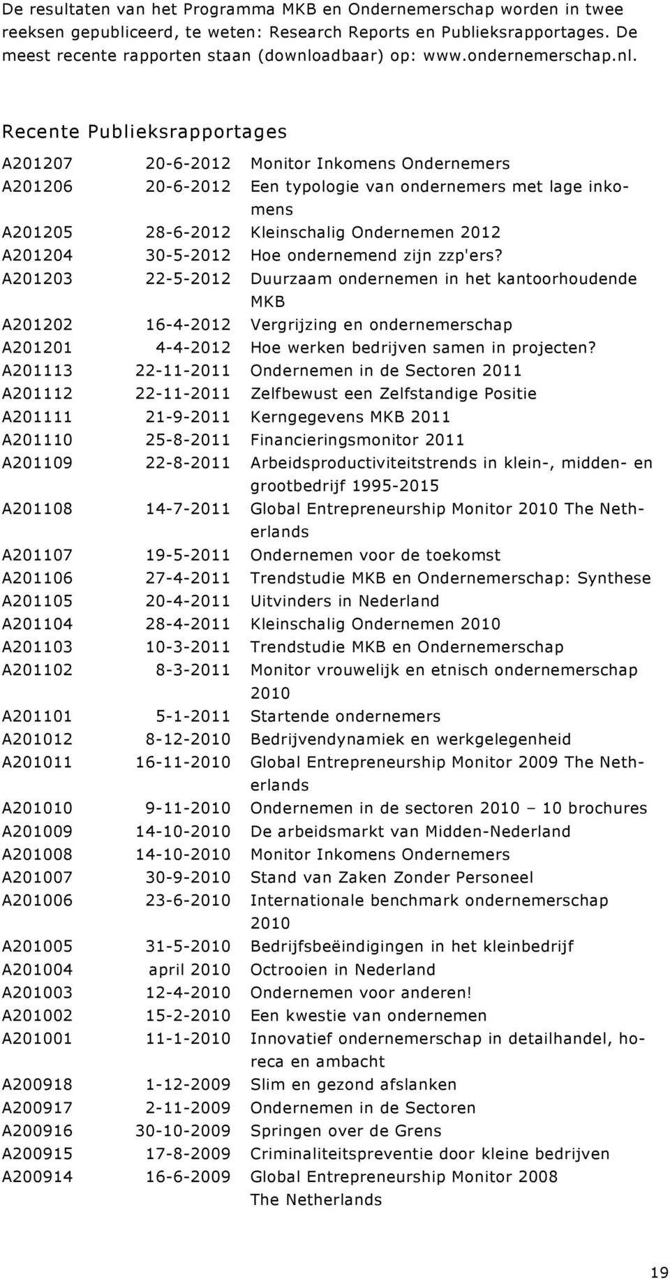 Recente Publieksrapportages A201207 20-6-2012 Monitor Inkomens Ondernemers A201206 20-6-2012 Een typologie van ondernemers met lage inkomens A201205 28-6-2012 Kleinschalig Ondernemen 2012 A201204