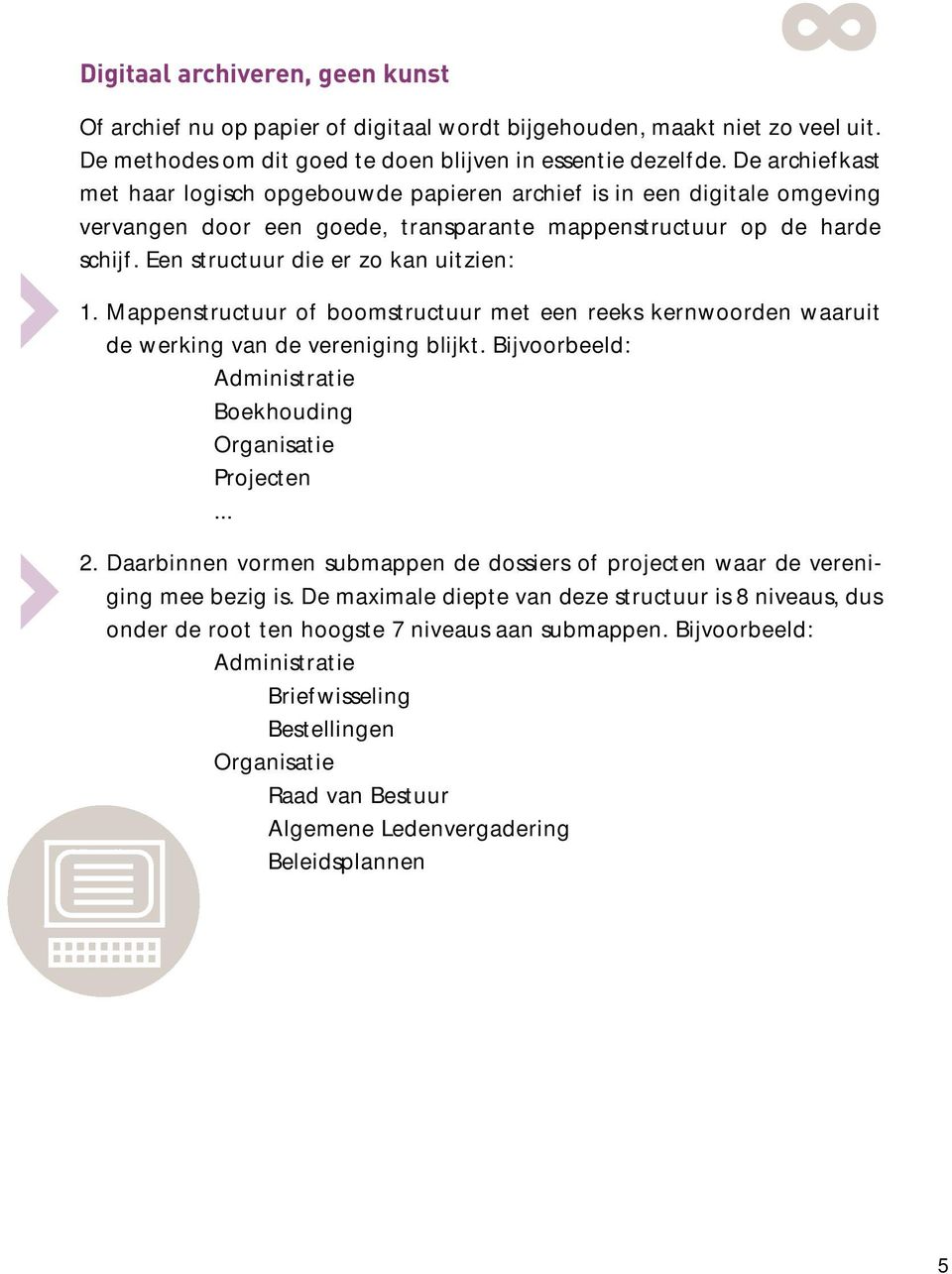 Een structuur die er zo kan uitzien: 1. Mappenstructuur of boomstructuur met een reeks kernwoorden waaruit de werking van de vereniging blijkt.