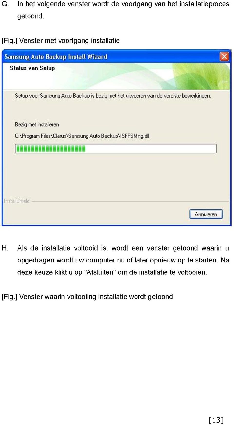 Als de installatie voltooid is, wordt een venster getoond waarin u opgedragen wordt uw computer