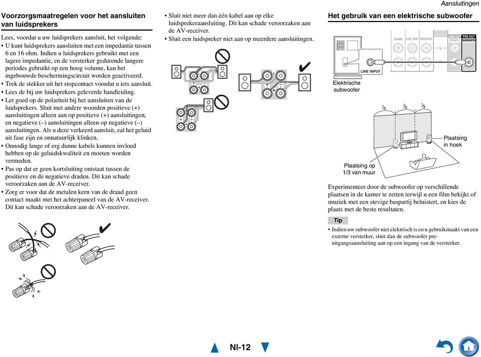 Trek de stekker uit het stopcontact voordat u iets aansluit. Lees de bij uw luidsprekers geleverde handleiding. Let goed op de polariteit bij het aansluiten van de luidsprekers.