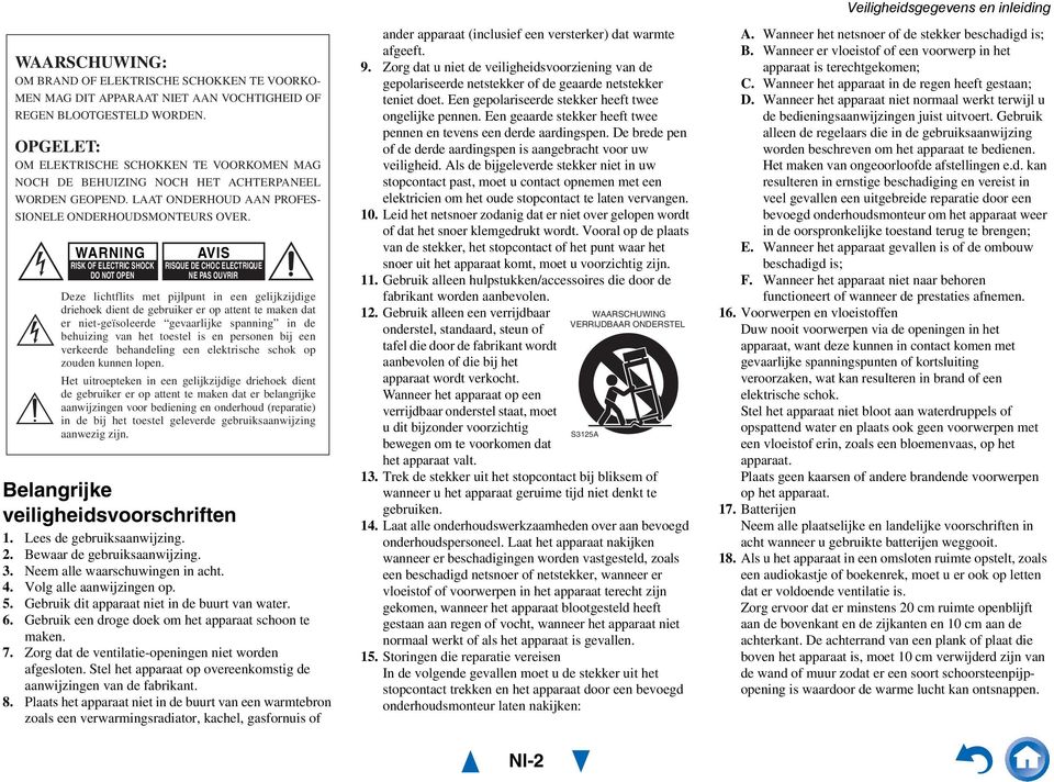 WARNING RISK OF ELECTRIC SHOCK DO NOT OPEN AVIS RISQUE DE CHOC ELECTRIQUE NE PAS OUVRIR Deze lichtflits met pijlpunt in een gelijkzijdige driehoek dient de gebruiker er op attent te maken dat er