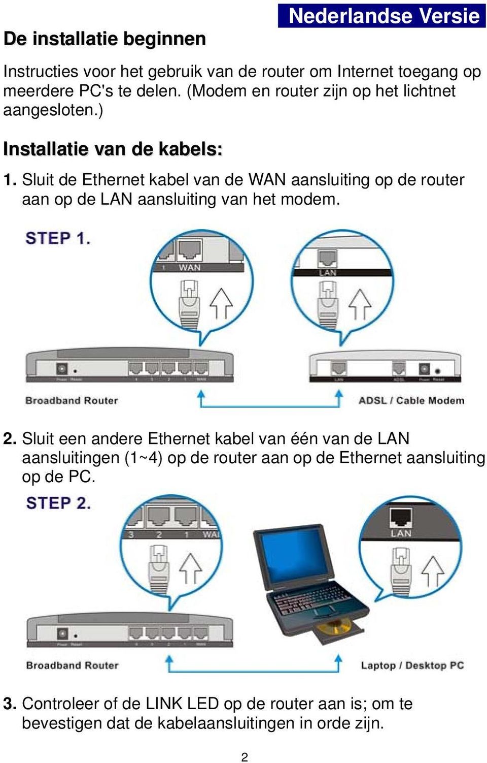 Sluit de Ethernet kabel van de WAN aansluiting op de router aan op de LAN aansluiting van het modem. 2.