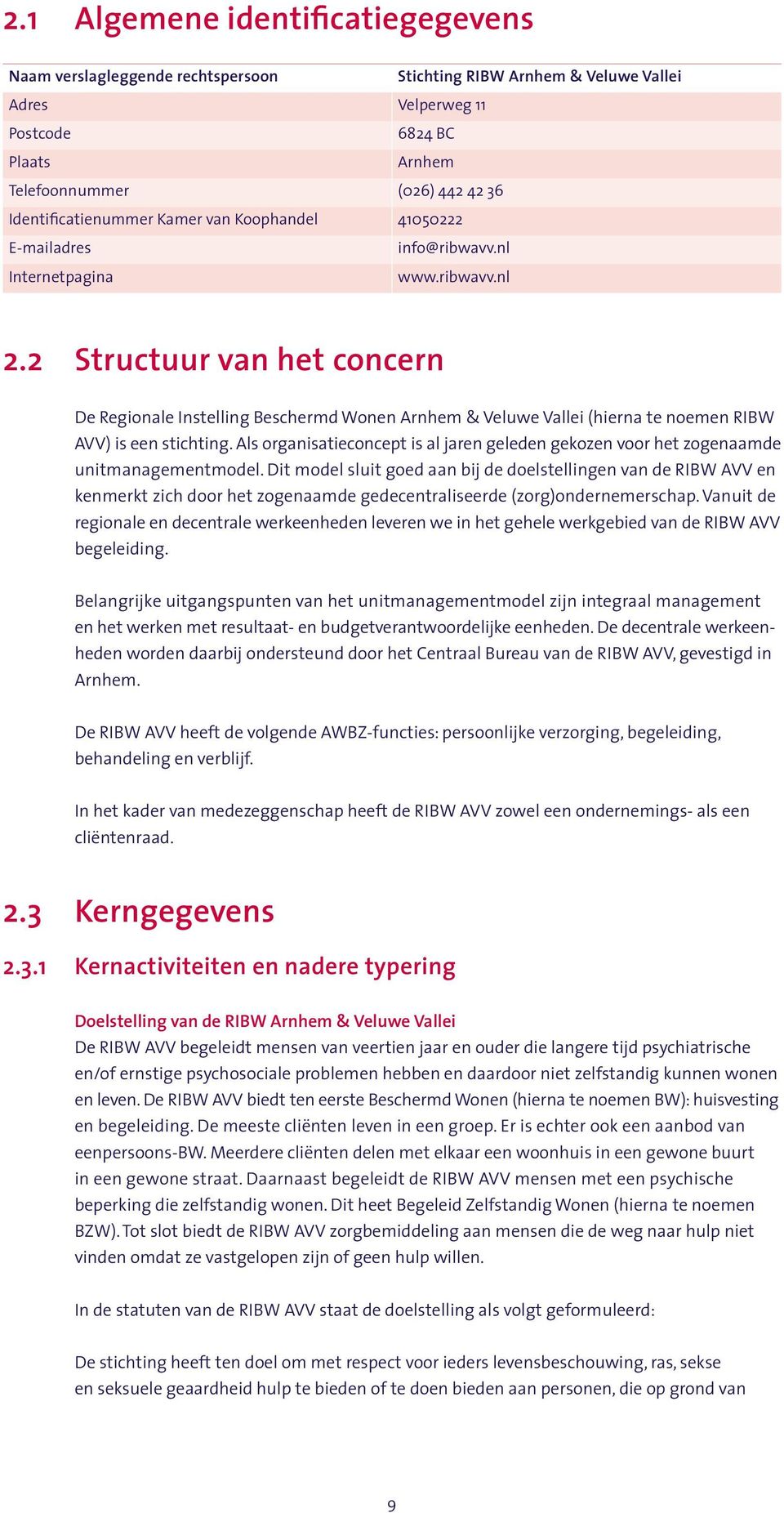 2 Structuur van het concern e Regionale Instelling Beschermd Wonen Arnhem & Veluwe Vallei (hierna te noemen RIBW AVV) is een stichting.