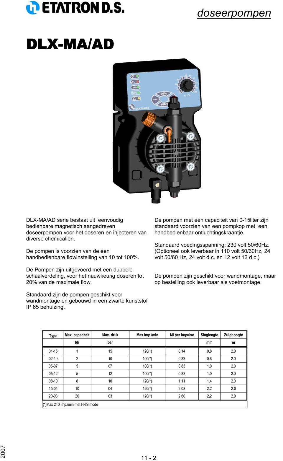 De pompen met een capaciteit van 0-15liter zijn standaard voorzien van een pompkop met een handbedienbaar ontluchtingskraantje. Standaard voedingsspanning: 230 volt 50/60Hz.