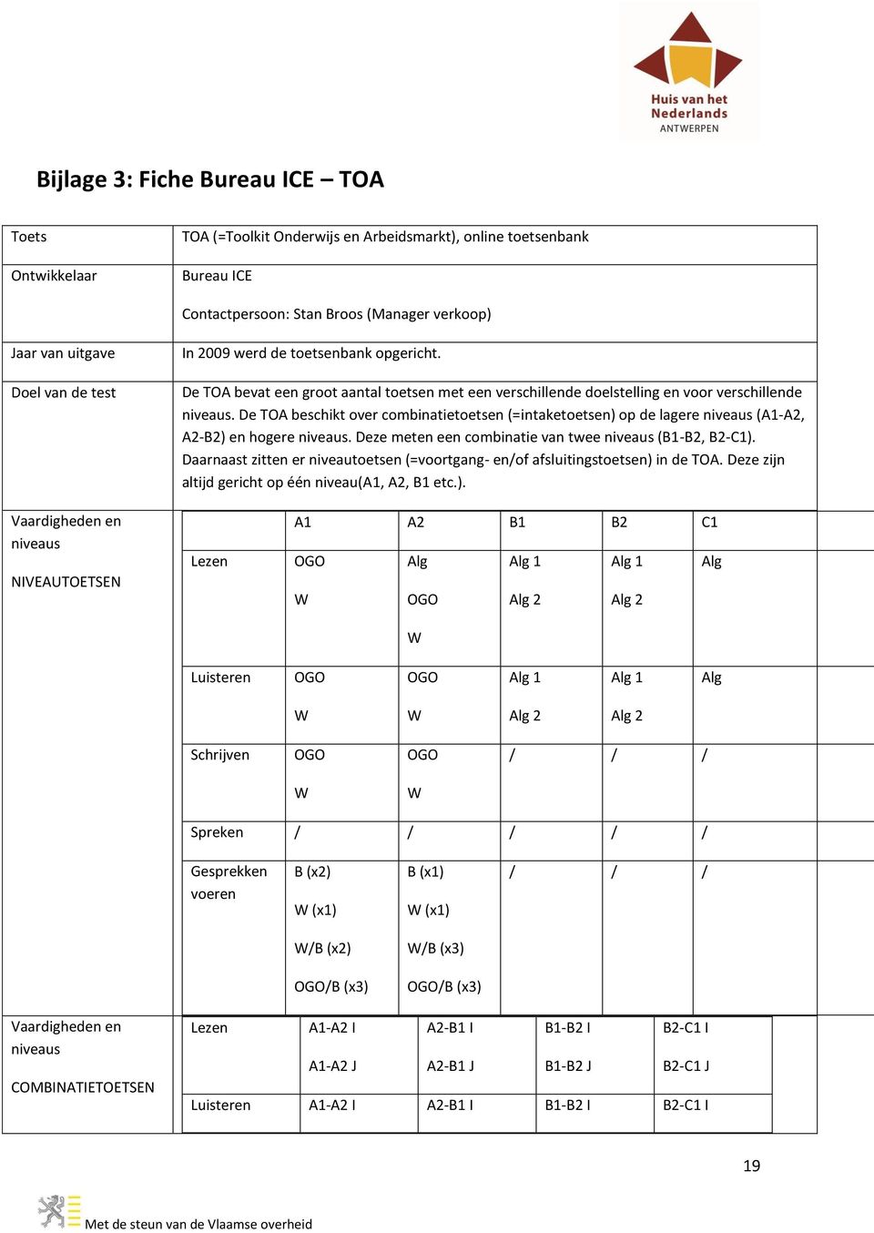 De TOA beschikt over combinatietoetsen (=intaketoetsen) op de lagere niveaus (A1-A2, A2-B2) en hogere niveaus. Deze meten een combinatie van twee niveaus (B1-B2, B2-C1).