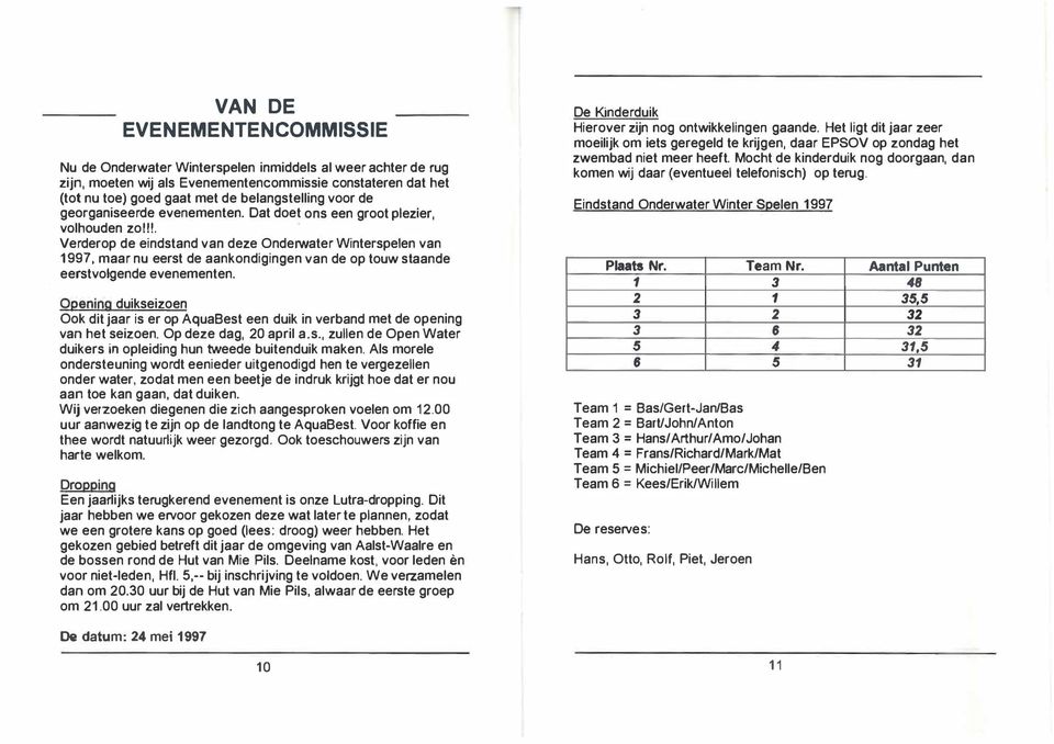 ' Verderop de eindstand van deze OndelWater Winterspelen van 1997, maar nu eerst de aankondigingen van de op touw slaande eerstvolgende evenementen.