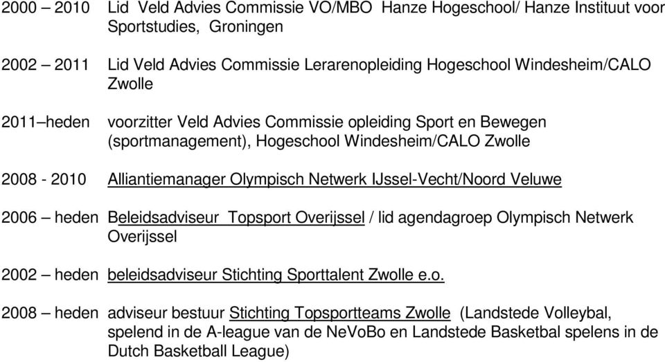 Olympisch Netwerk IJssel-Vecht/Noord Veluwe 2006 heden Beleidsadviseur Topsport Overijssel / lid agendagroep Olympisch Netwerk Overijssel 2002 heden beleidsadviseur Stichting