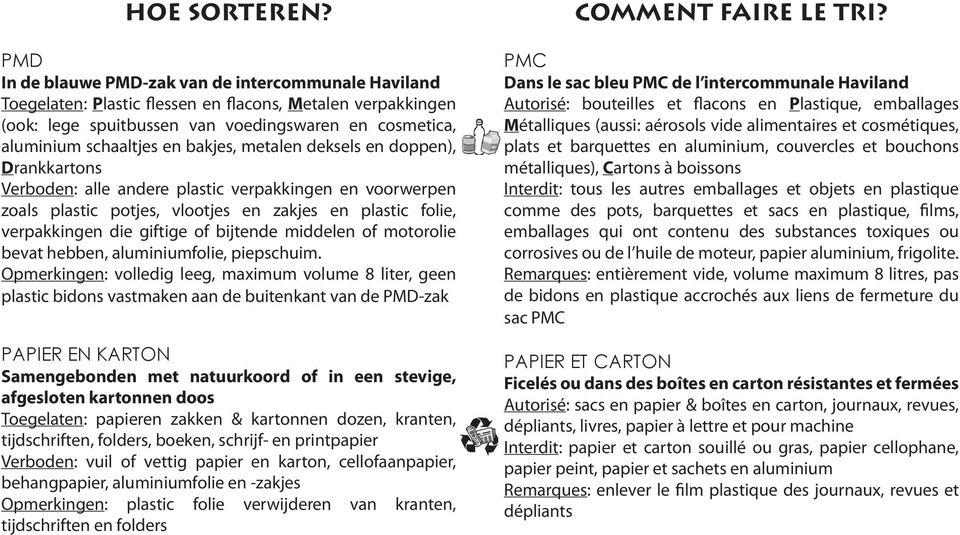 metalen deksels en doppen), Drankkartons Verboden: alle andere plastic verpakkingen en voorwerpen zoals plastic potjes, vlootjes en zakjes en plastic folie, verpakkingen die giftige of bijtende