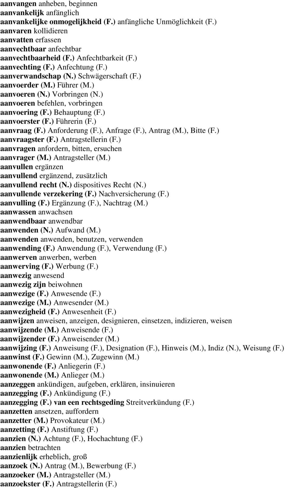 ) Führer (M.) aanvoeren (N.) Vorbringen (N.) aanvoeren befehlen, vorbringen aanvoering (F.) Behauptung (F.) aanvoerster (F.) Führerin (F.) aanvraag (F.) Anforderung (F.), Anfrage (F.), Antrag (M.