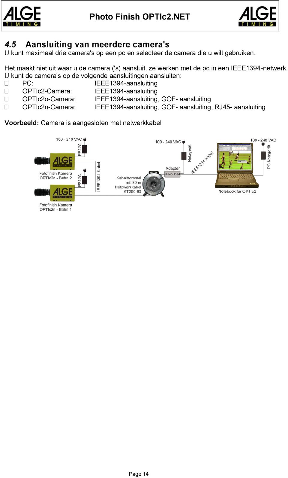 U kunt de camera's op de volgende aansluitingen aansluiten: PC: IEEE1394-aansluiting OPTIc2-Camera: IEEE1394-aansluiting