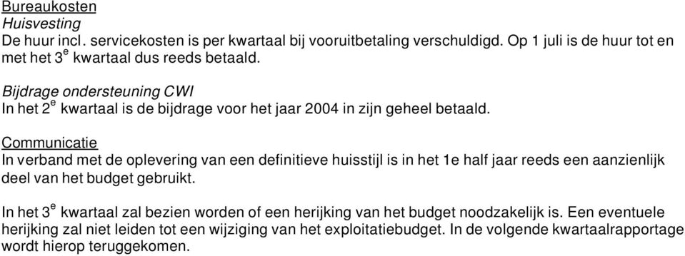 Bijdrage ondersteuning CWI In het 2 e kwartaal is de bijdrage voor het jaar 2004 in zijn geheel betaald.