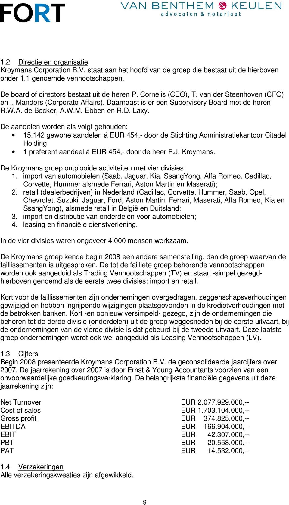 De aandelen worden als volgt gehouden: 15.142 gewone aandelen á EUR 454,- door de Stichting Administratiekantoor Citadel Holding 1 preferent aandeel á EUR 454,- door de heer F.J. Kroymans.