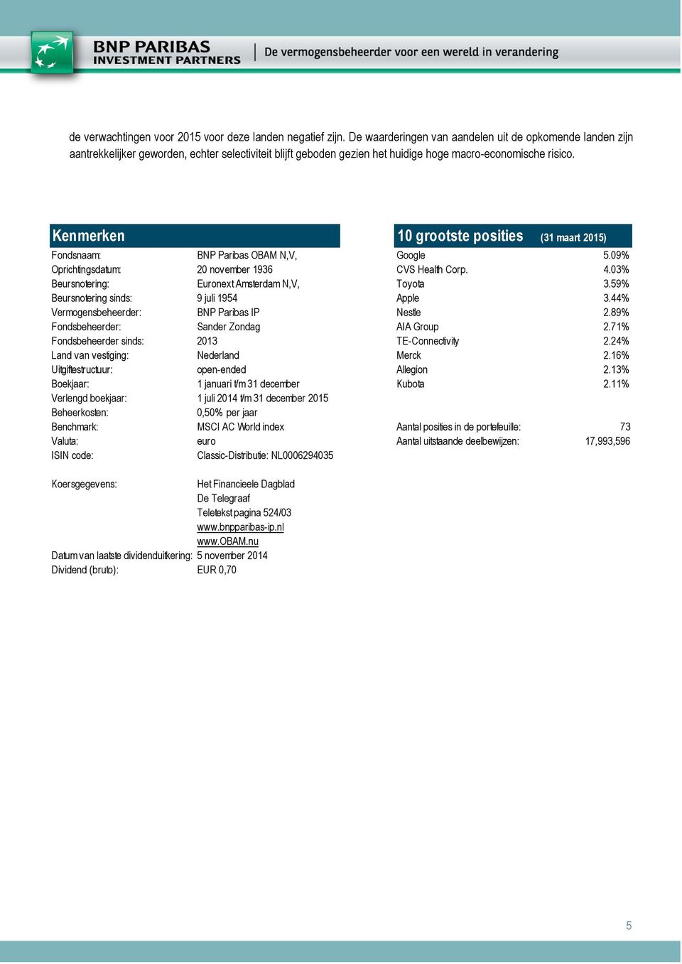 Kenmerken 10 grootste posities (31 maart 2015) Fondsnaam: BNP Paribas OBAM N,V, Google 5.09% Oprichtingsdatum: 20 november 1936 CVS Health Corp. 4.03% Beursnotering: Euronext Amsterdam N,V, Toyota 3.