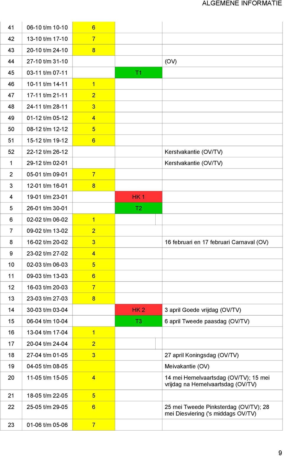 HK 1 5 26-01 t/m 30-01 T2 6 02-02 t/m 06-02 1 7 09-02 t/m 13-02 2 8 16-02 t/m 20-02 3 16 februari en 17 februari Carnaval (OV) 9 23-02 t/m 27-02 4 10 02-03 t/m 06-03 5 11 09-03 t/m 13-03 6 12 16-03