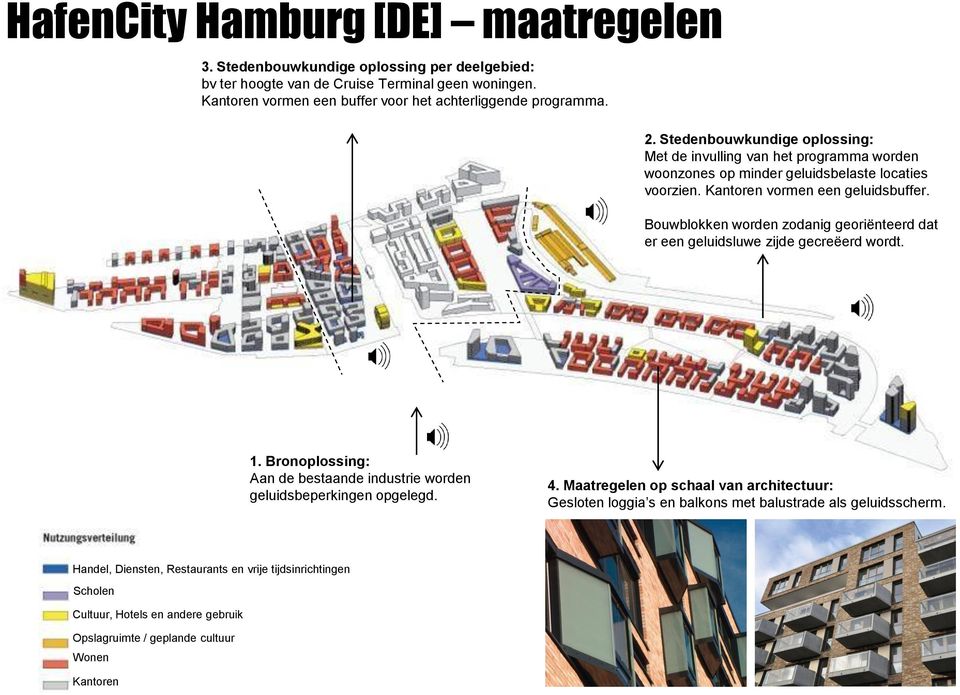 Bouwblokken worden zodanig georiënteerd dat er een geluidsluwe zijde gecreëerd wordt. 1. Bronoplossing: Aan de bestaande industrie worden geluidsbeperkingen opgelegd. 4.