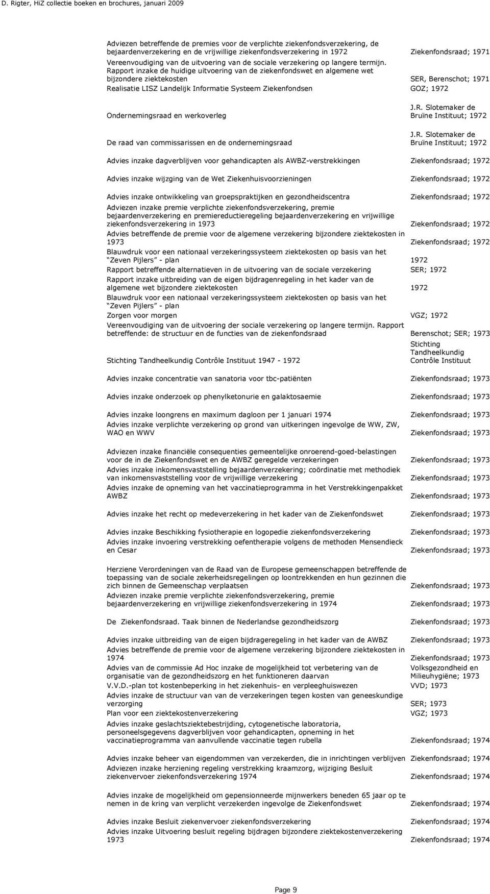 Rapport inzake de huidige uitvoering van de ziekenfondswet en algemene wet bijzondere ziektekosten SER, Berenschot; 1971 Realisatie LISZ Landelijk Informatie Systeem Ziekenfondsen GOZ; 1972