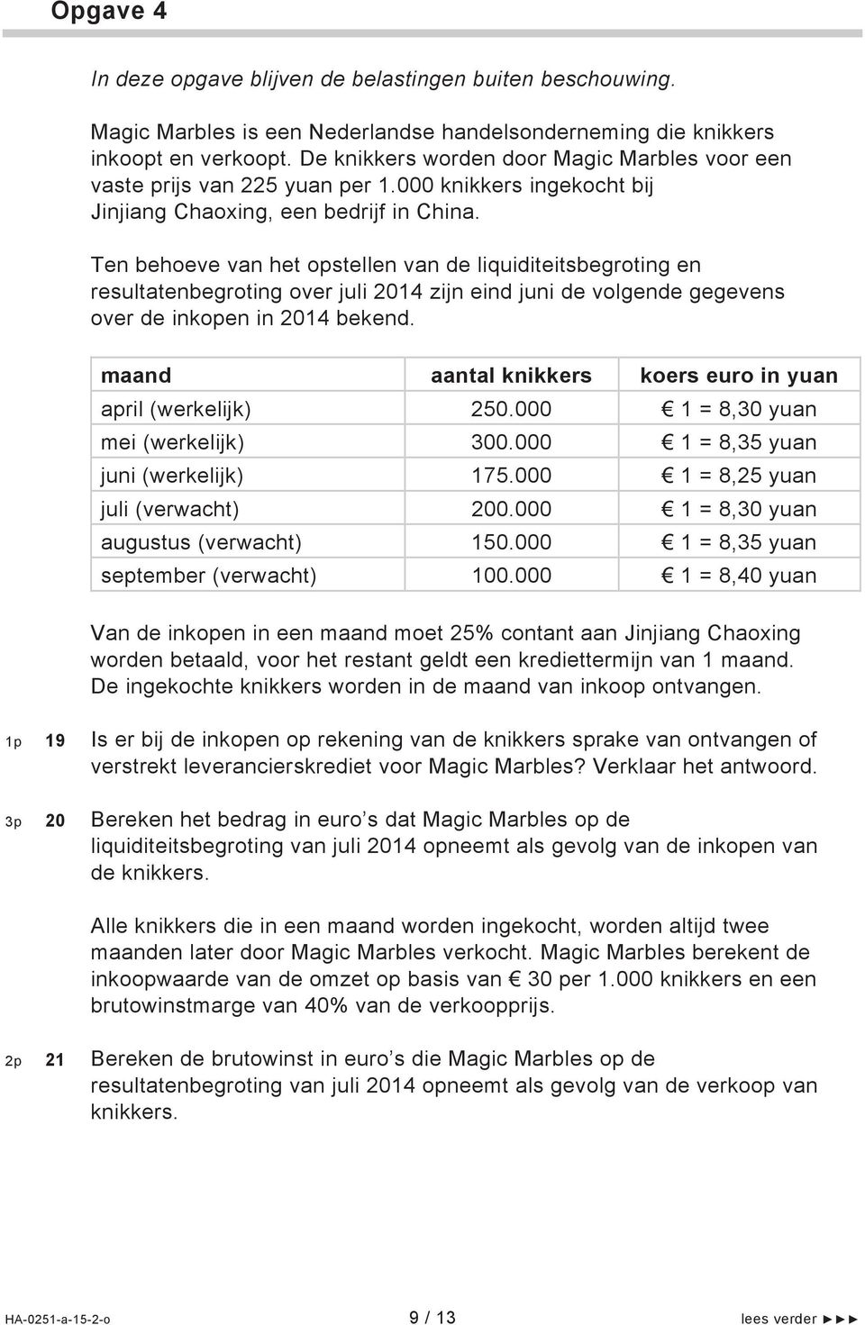 Ten behoeve van het opstellen van de liquiditeitsbegroting en resultatenbegroting over juli 2014 zijn eind juni de volgende gegevens over de inkopen in 2014 bekend.