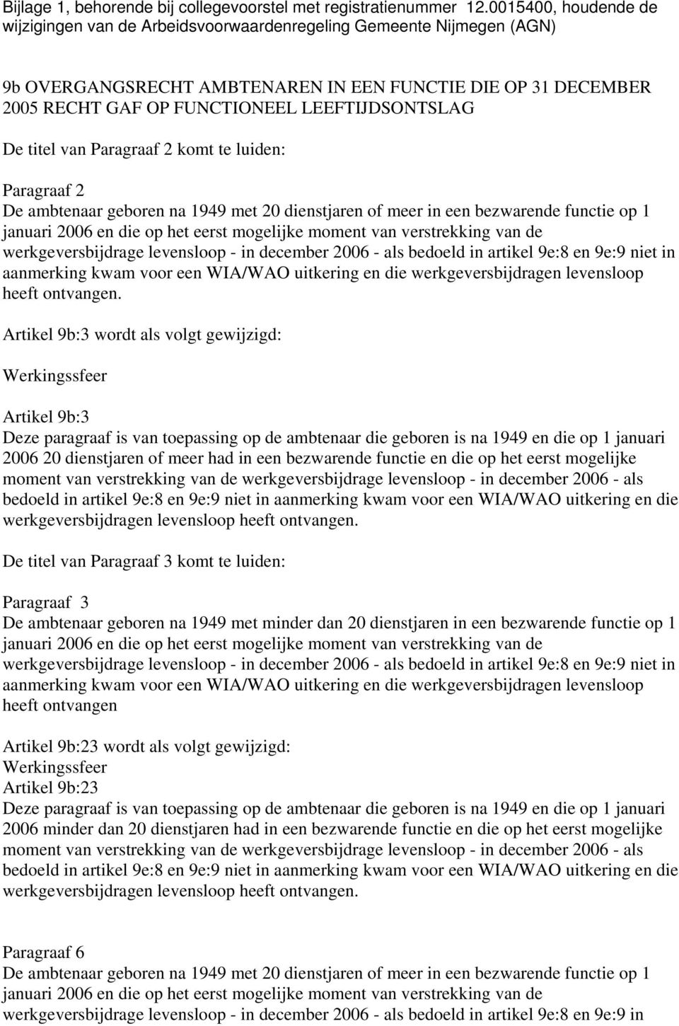 LEEFTIJDSONTSLAG De titel van Paragraaf 2 komt te luiden: Paragraaf 2 De ambtenaar geboren na 1949 met 20 dienstjaren of meer in een bezwarende functie op 1 januari 2006 en die op het eerst mogelijke