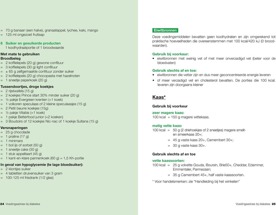 g) Tussendoortjes, droge koekjes = 2 rijstwafels (15 g) = 2 koekjes Prince start 30% minder suiker (20 g) = ½ pakje Evergreen krenten (=1 koek) = 1 volkoren speculaas of 2 kleine speculaasjes (15 g)