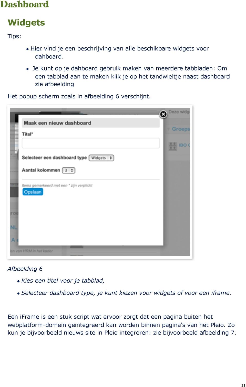 scherm zoals in afbeelding 6 verschijnt. Afbeelding 6 Kies een titel voor je tabblad, Selecteer dashboard type, je kunt kiezen voor widgets of voor een iframe.