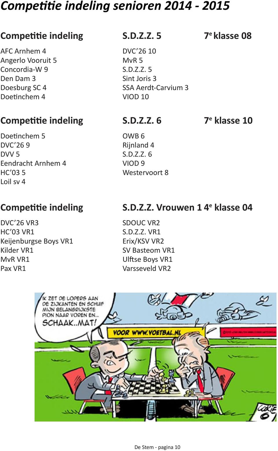 D.Z.Z. 6 7 e klasse 10 Doetinchem 5 OWB 6 DVC 26 9 Rijnland 4 DVV 5 S.D.Z.Z. 6 Eendracht Arnhem 4 VIOD 9 HC 03 5 Westervoort 8 Loil sv 4 Competitie indeling S.