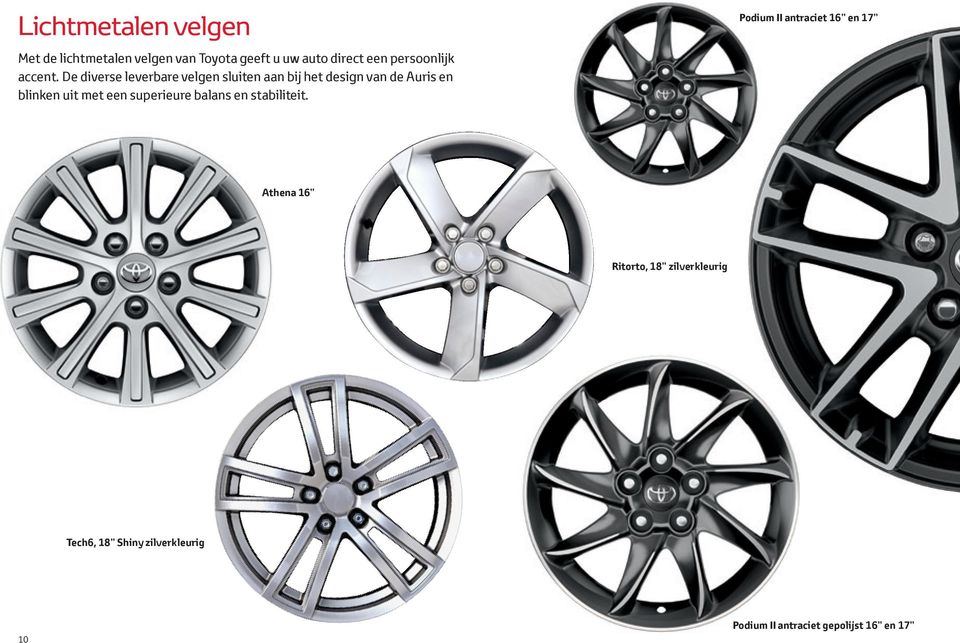 De diverse leverbare velgen sluiten aan bij het design van de Auris en blinken uit met een